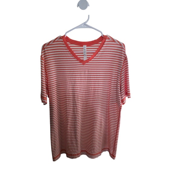 Lululemon Athletica Men's Striped V Neck T Shirt Size L Coral White Cotton Blend - Picture 2 of 4
